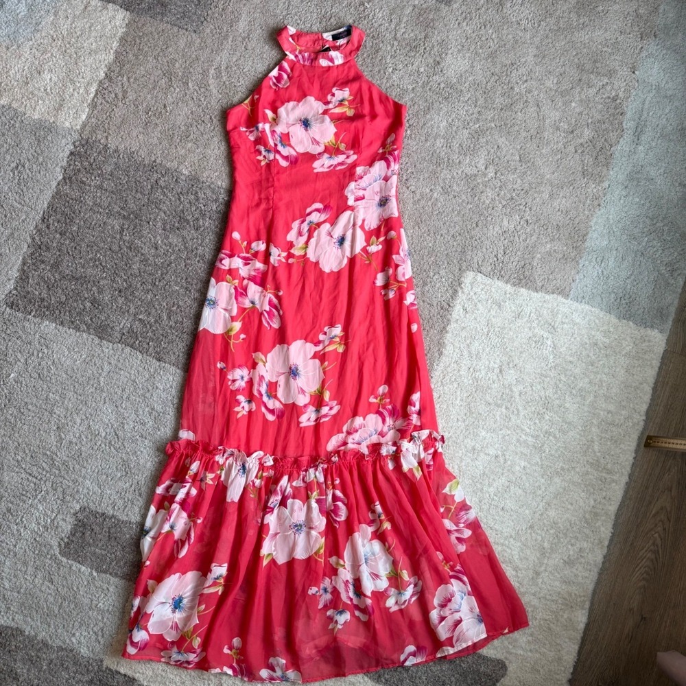 Ambition Floral Halter Maxi Dress Coral Pink Tiered Ruffle Chiffon Gown M